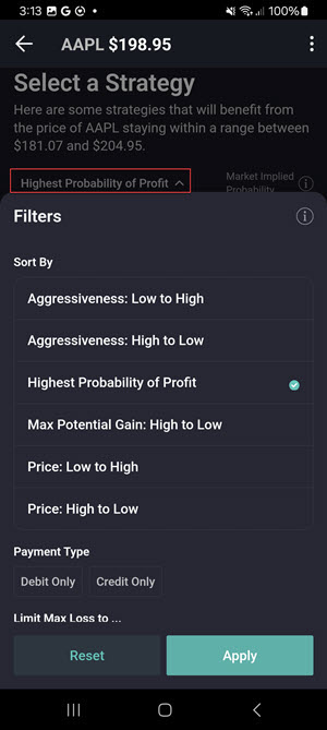 The options wizard filter on the Android Phone